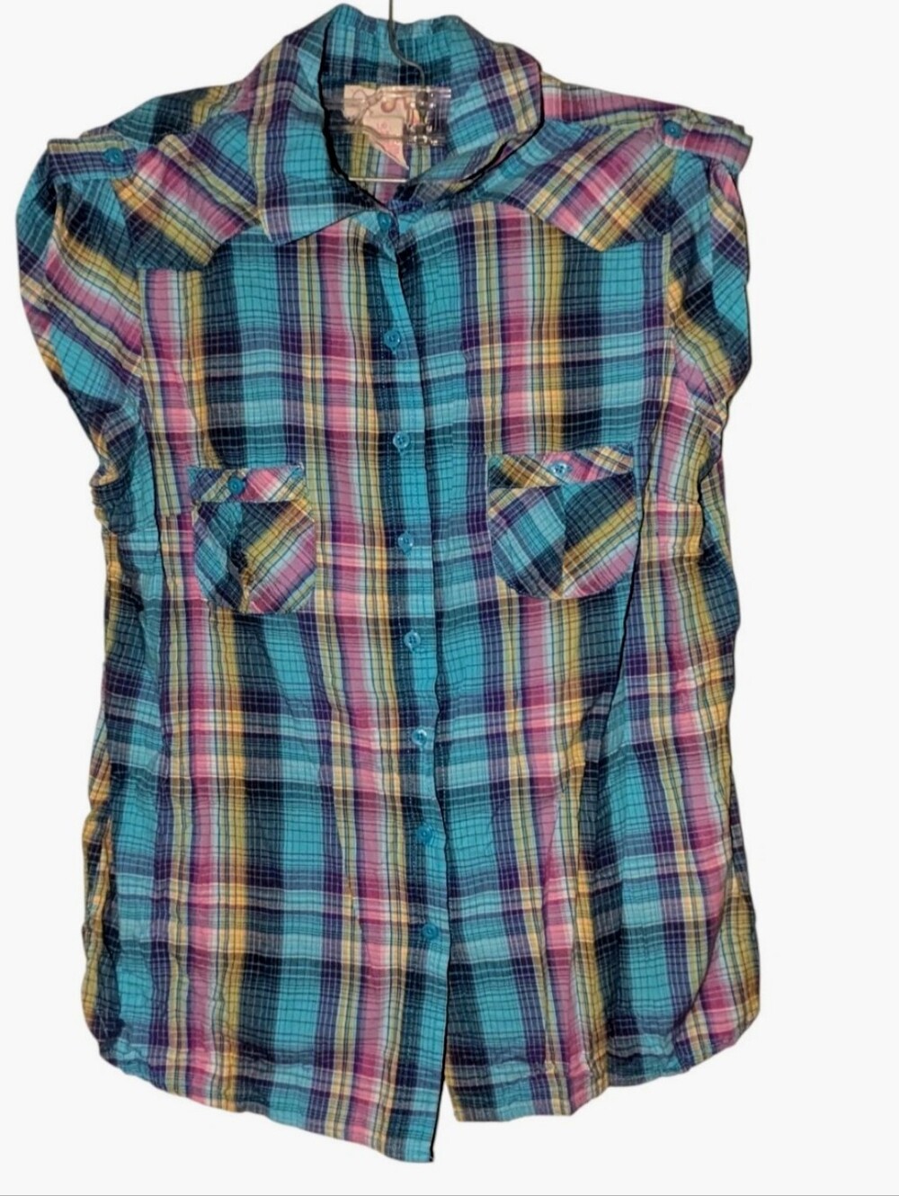 OP Plaid Button-Up Sleeveless Blouse in Teal, Purple, Yellow